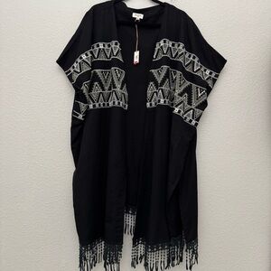 World Market Black Aztec Print Fringe Kimono Cotton Linen Open Front One Size